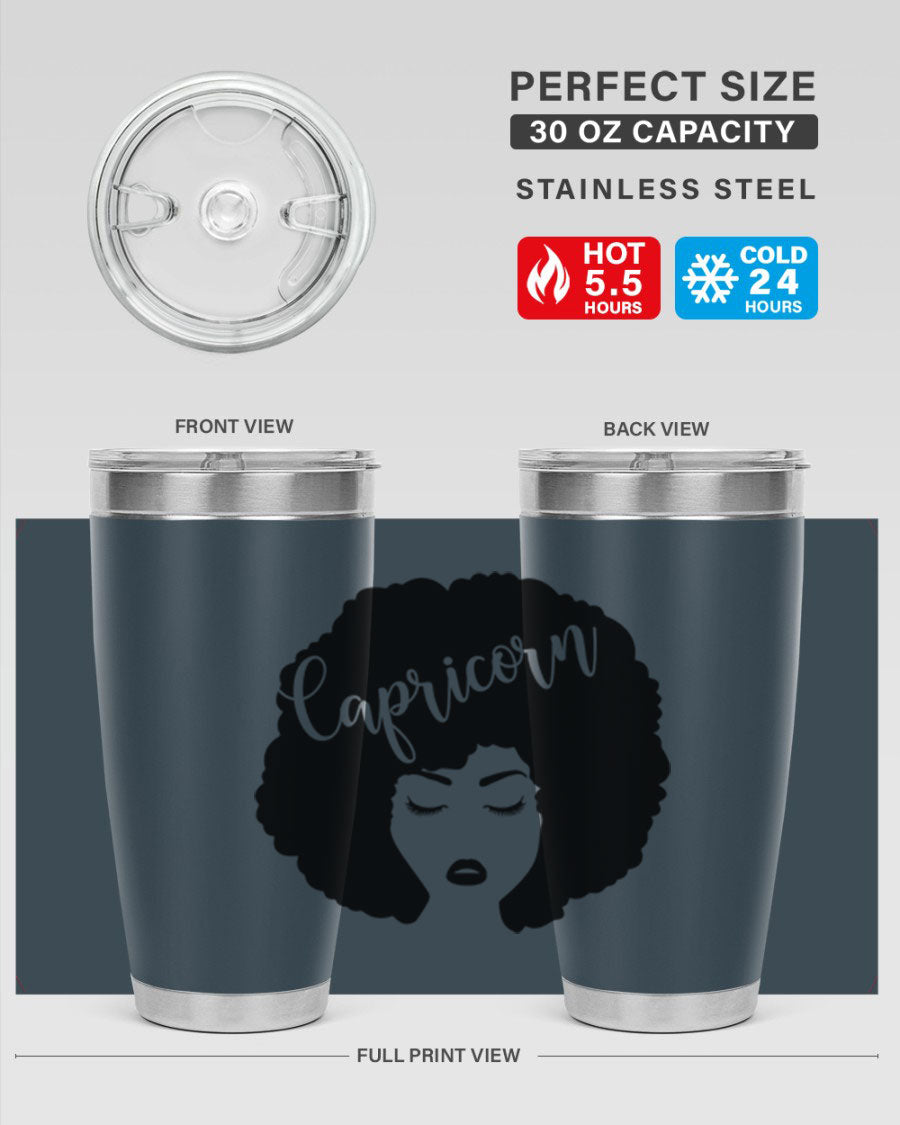 Capricorn52# 20oz Tumbler in stainless steel with a drink-thru lid, showcasing its sleek design and vibrant print.