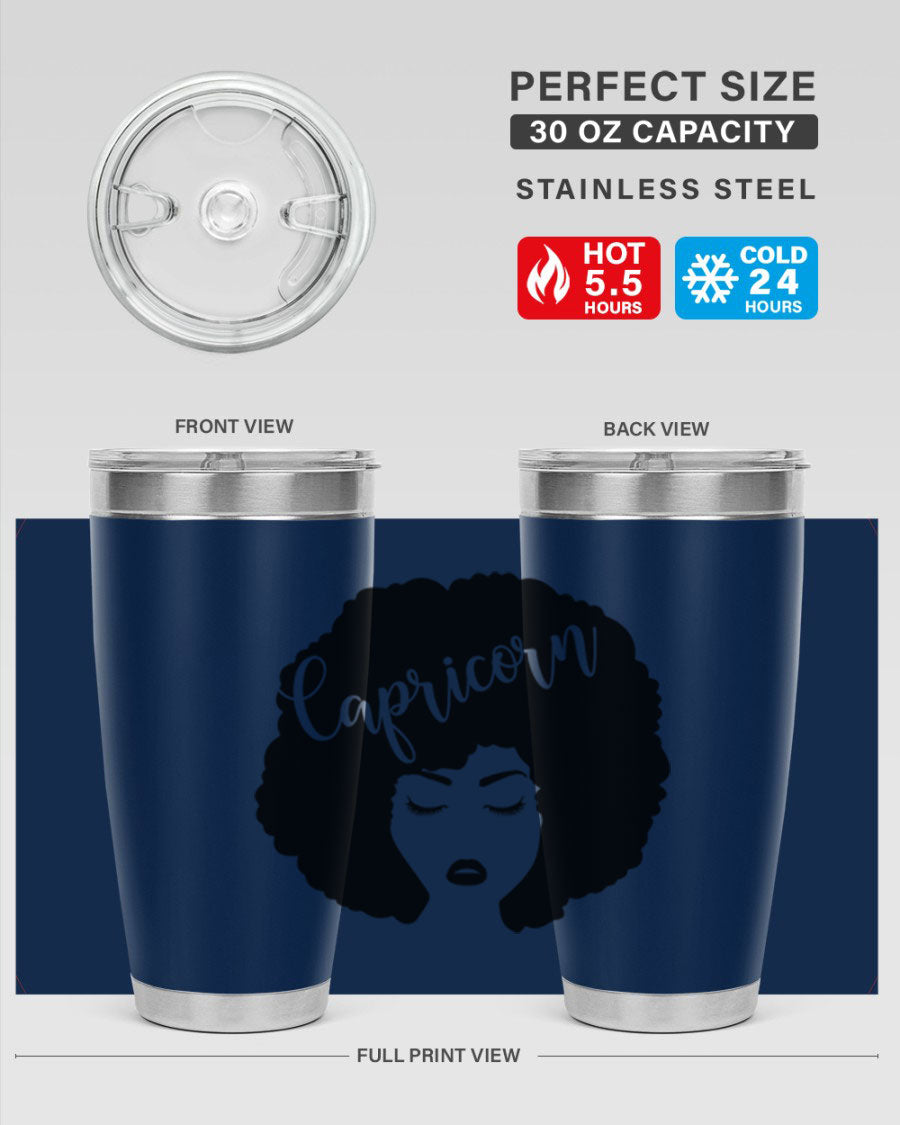 Capricorn52# 20oz Tumbler in stainless steel with a drink-thru lid, showcasing its sleek design and vibrant print.