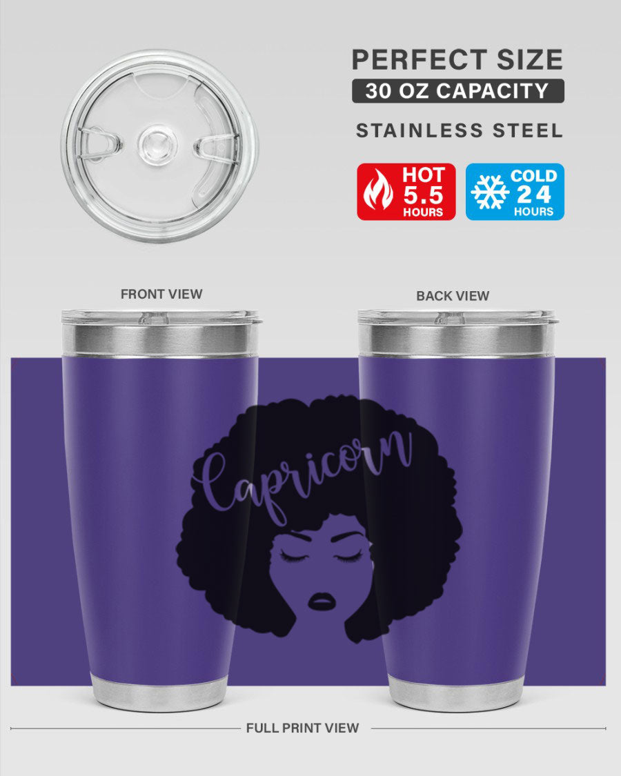 Capricorn52# 20oz Tumbler in stainless steel with a drink-thru lid, showcasing its sleek design and vibrant print.