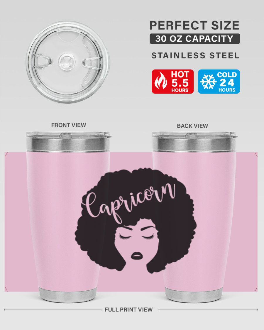 Capricorn52# 20oz Tumbler in stainless steel with a drink-thru lid, showcasing its sleek design and vibrant print.