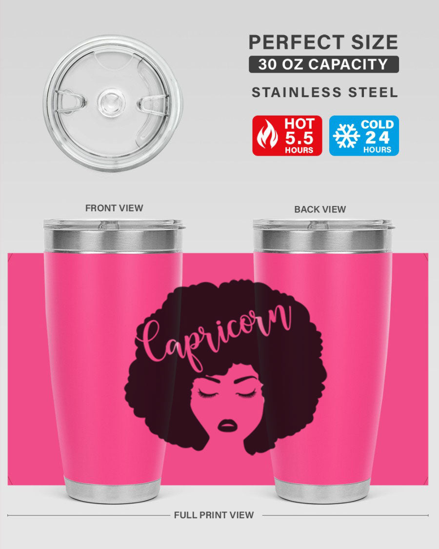 Capricorn52# 20oz Tumbler in stainless steel with a drink-thru lid, showcasing its sleek design and vibrant print.