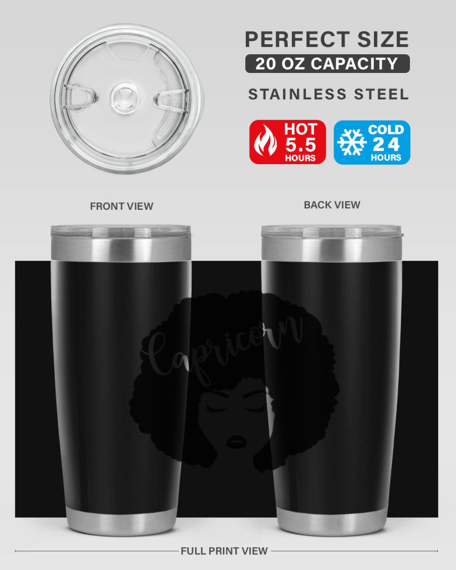 Capricorn52# 20oz Tumbler in stainless steel with a drink-thru lid, showcasing its sleek design and vibrant print.