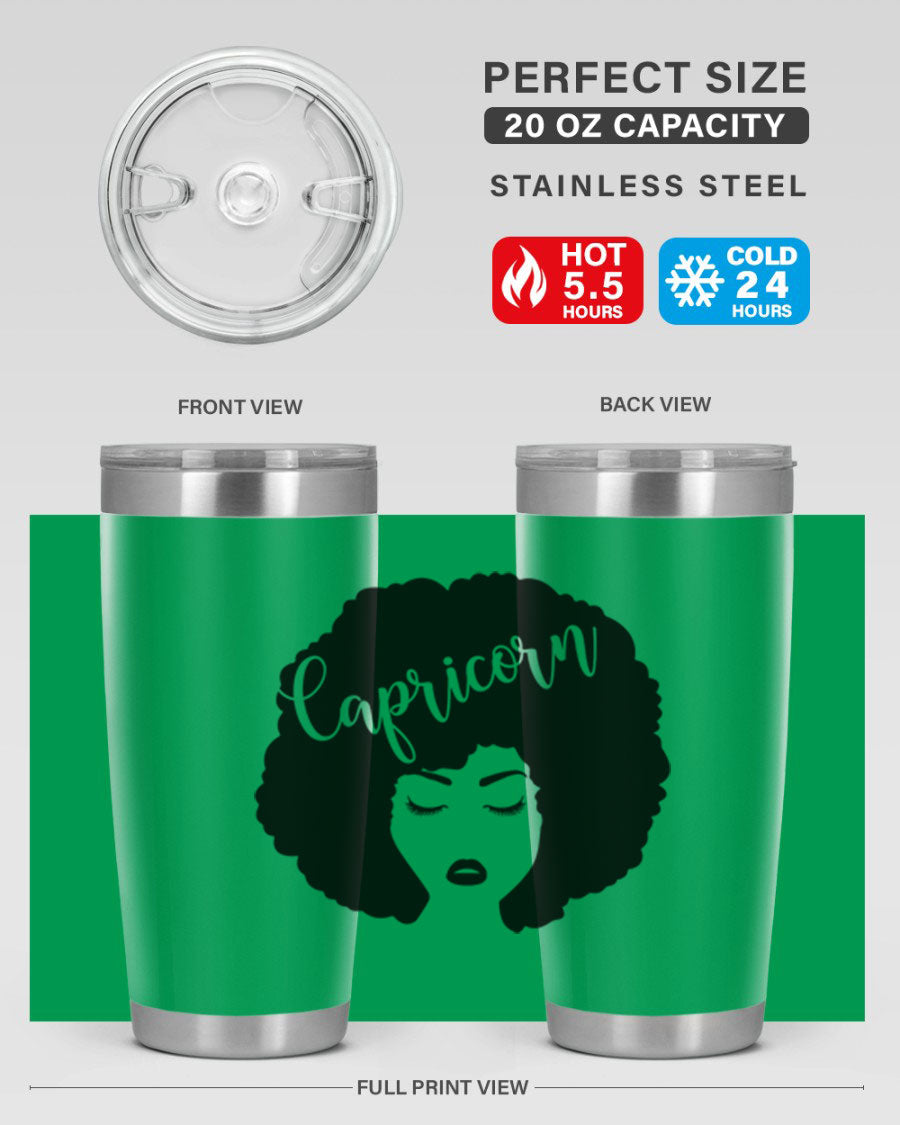 Capricorn52# 20oz Tumbler in stainless steel with a drink-thru lid, showcasing its sleek design and vibrant print.