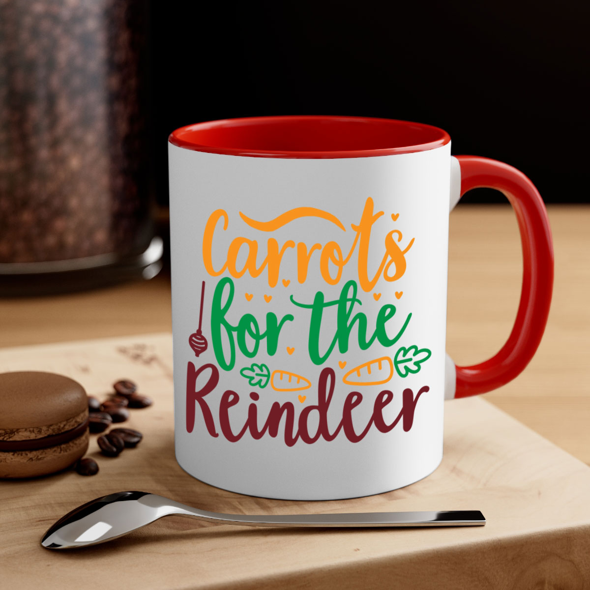 Carrots for the Reindeer Christmas Mug with a glossy finish, featuring a colored handle and interior, available in multiple colors.