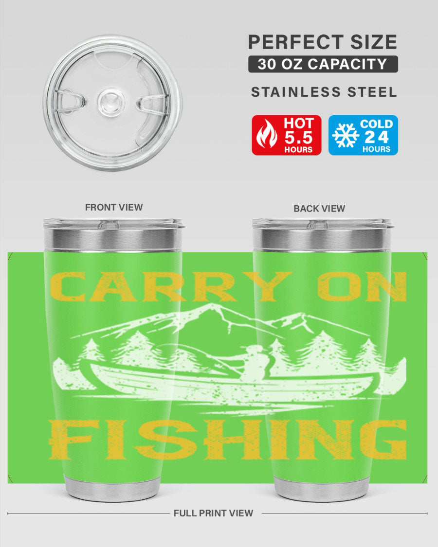 Carry On Fishing 245# Tumbler in stainless steel with a drink-thru lid, showcasing its sleek design and durable construction.