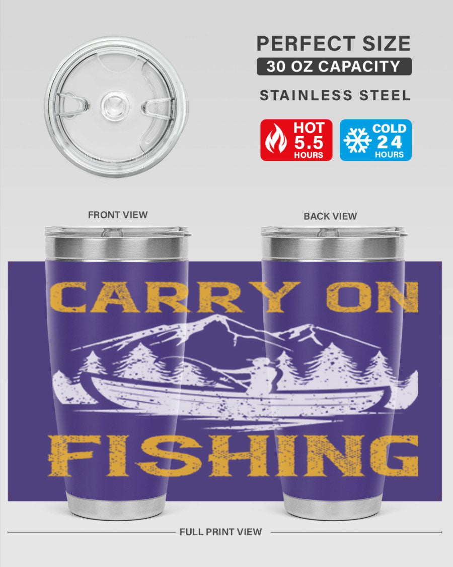 Carry On Fishing 245# Tumbler in stainless steel with a drink-thru lid, showcasing its sleek design and durable construction.