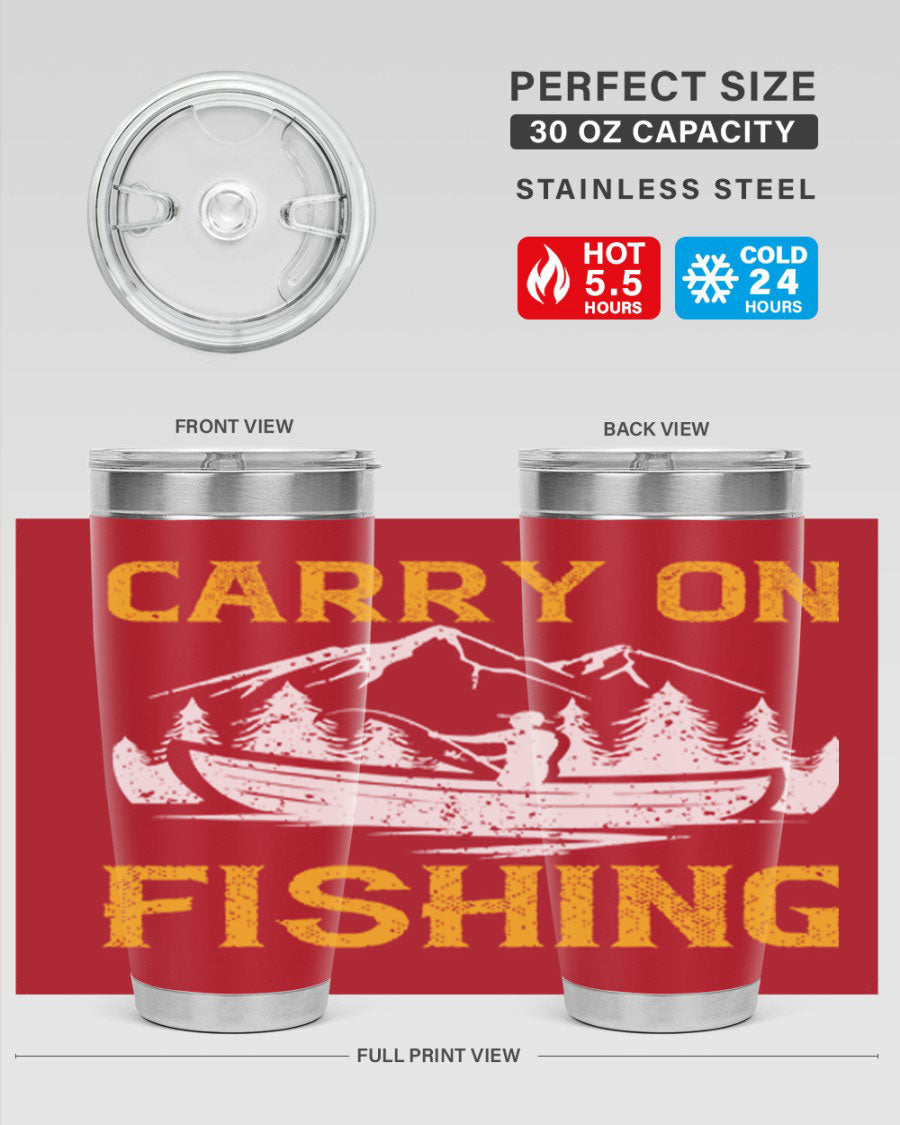 Carry On Fishing 245# Tumbler in stainless steel with a drink-thru lid, showcasing its sleek design and durable construction.