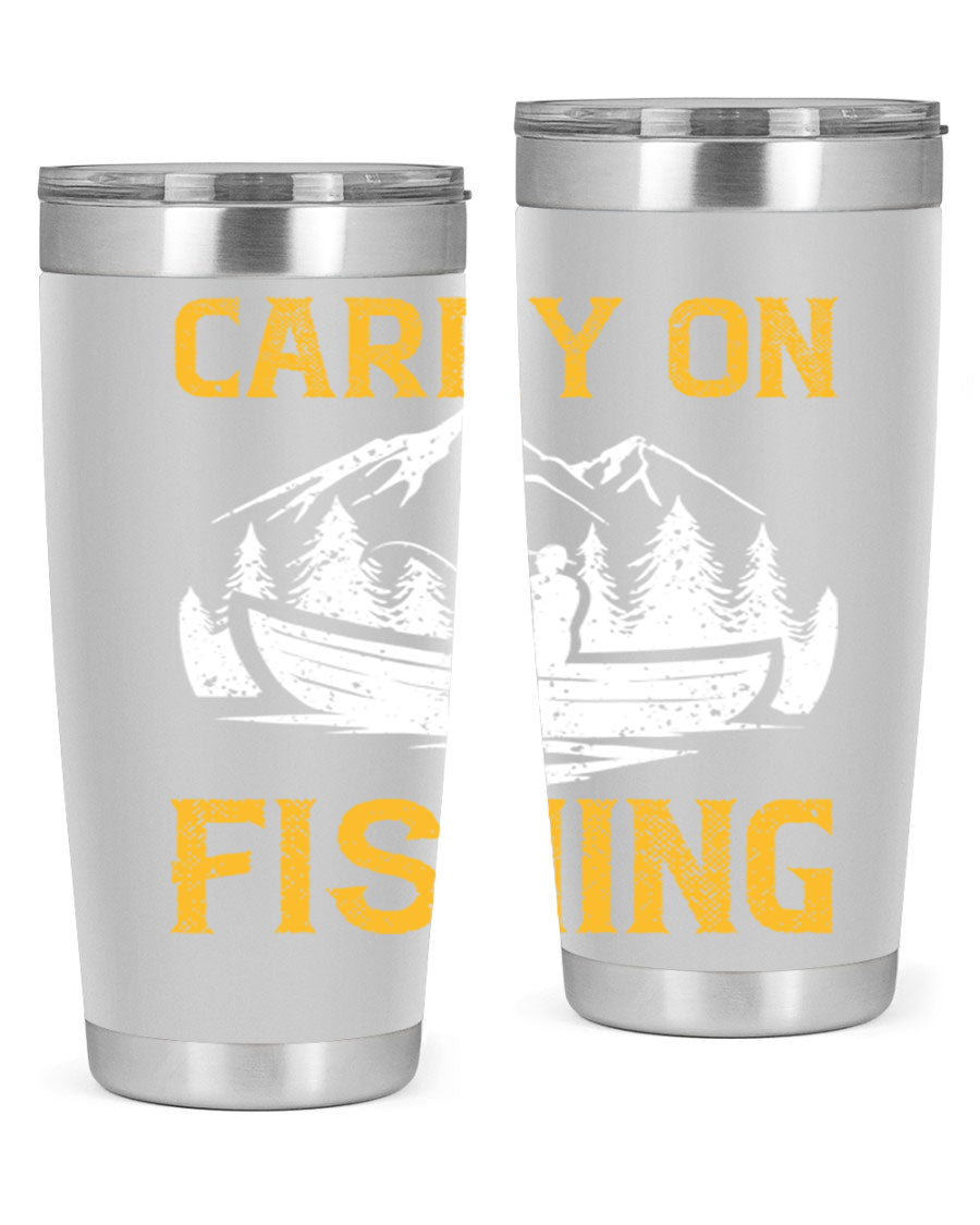 Carry On Fishing 245# Tumbler in stainless steel with a drink-thru lid, showcasing its sleek design and durable construction.