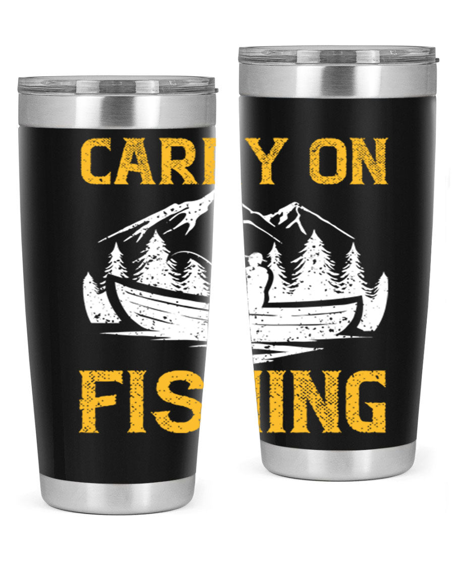 Carry On Fishing 245# Tumbler in stainless steel with a drink-thru lid, showcasing its sleek design and durable construction.