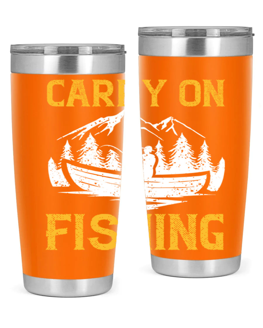 Carry On Fishing 245# Tumbler in stainless steel with a drink-thru lid, showcasing its sleek design and durable construction.
