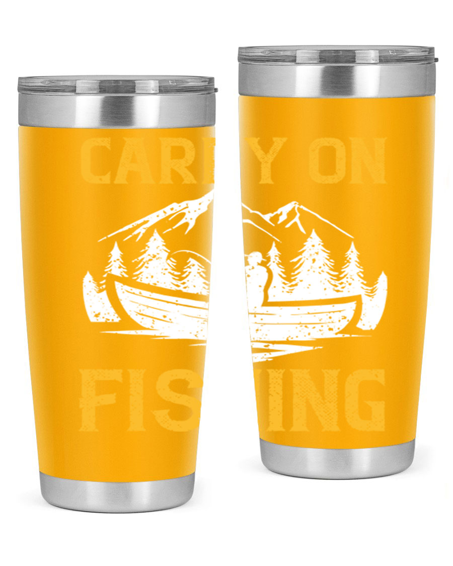 Carry On Fishing 245# Tumbler in stainless steel with a drink-thru lid, showcasing its sleek design and durable construction.