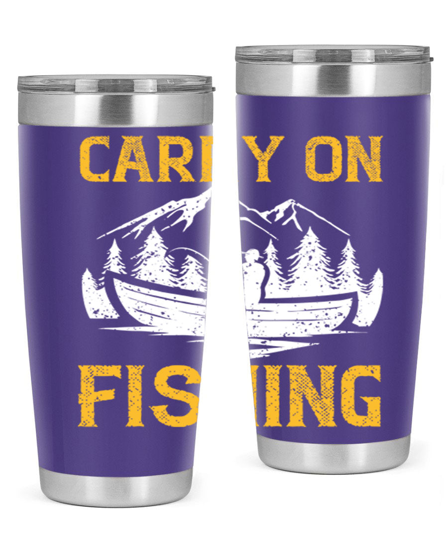 Carry On Fishing 245# Tumbler in stainless steel with a drink-thru lid, showcasing its sleek design and durable construction.