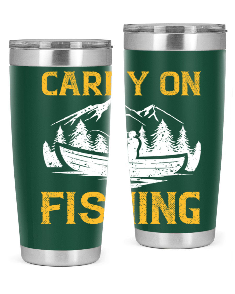 Carry On Fishing 245# Tumbler in stainless steel with a drink-thru lid, showcasing its sleek design and durable construction.