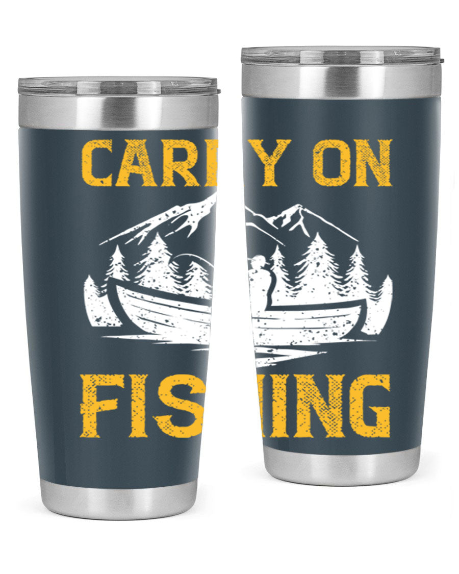 Carry On Fishing 245# Tumbler in stainless steel with a drink-thru lid, showcasing its sleek design and durable construction.