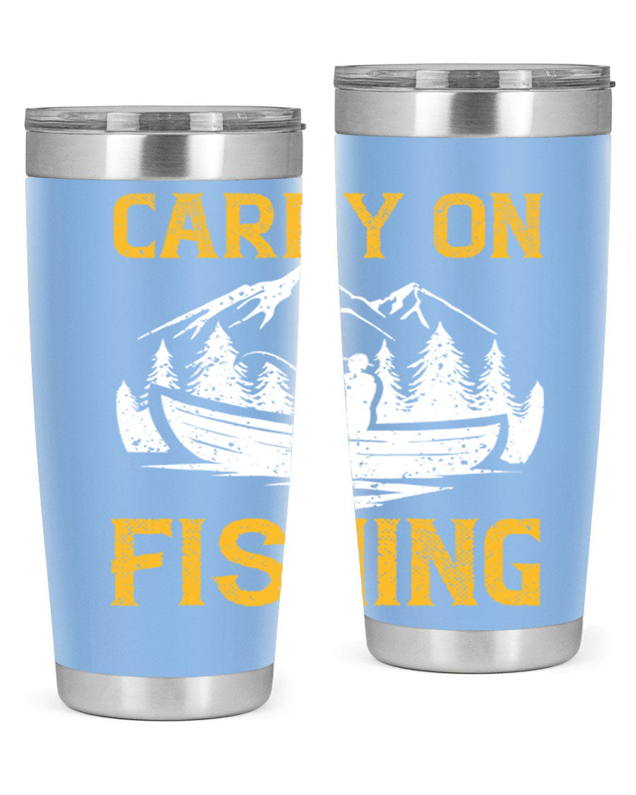 Carry On Fishing 245# Tumbler in stainless steel with a drink-thru lid, showcasing its sleek design and durable construction.