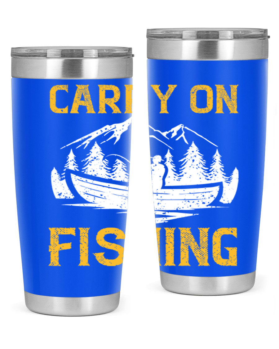 Carry On Fishing 245# Tumbler in stainless steel with a drink-thru lid, showcasing its sleek design and durable construction.