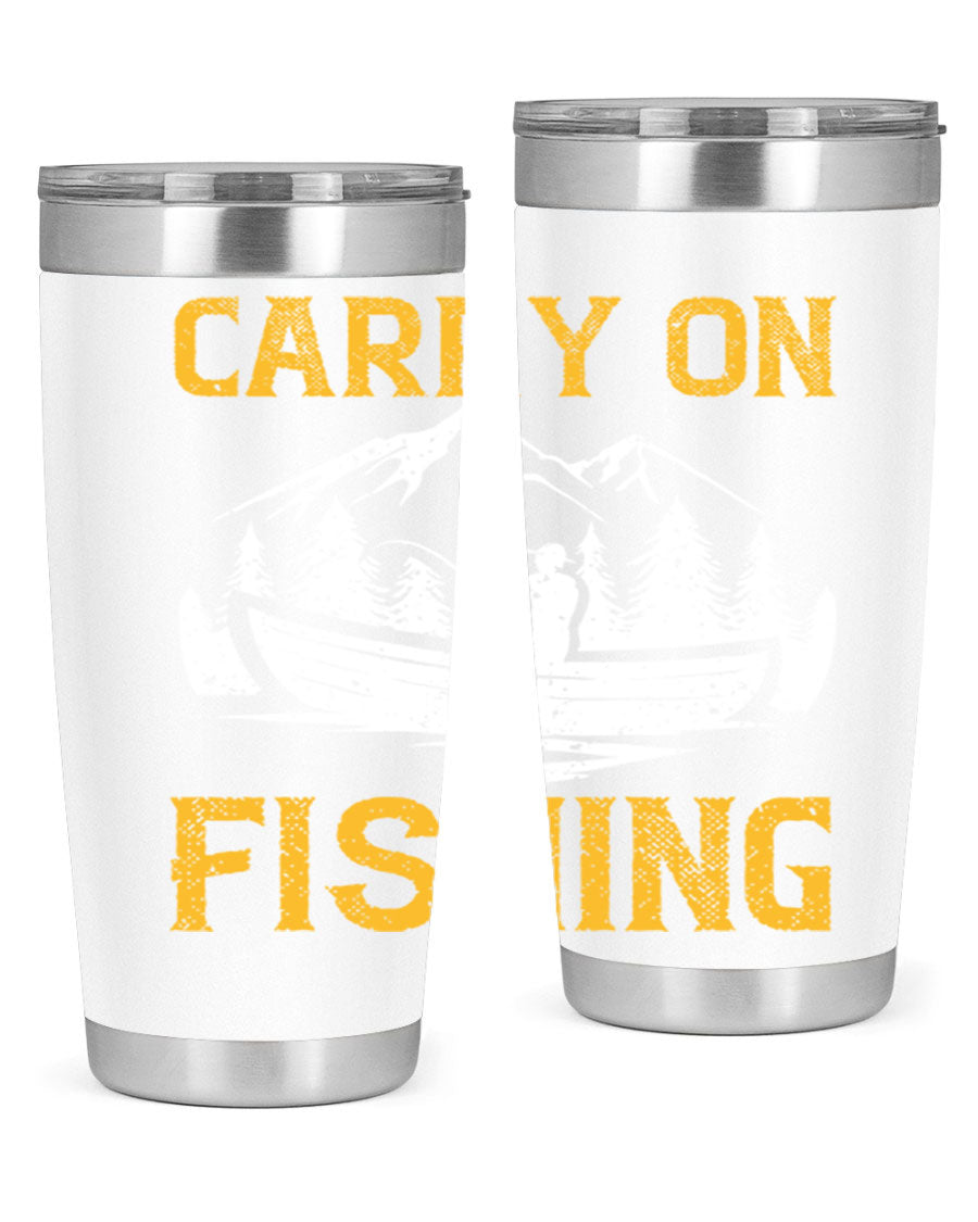 Carry On Fishing 245# Tumbler in stainless steel with a drink-thru lid, showcasing its sleek design and durable construction.