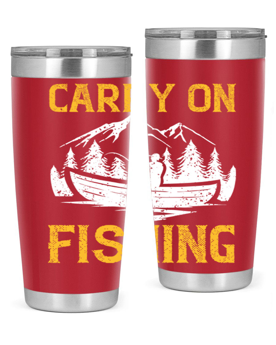 Carry On Fishing 245# Tumbler in stainless steel with a drink-thru lid, showcasing its sleek design and durable construction.