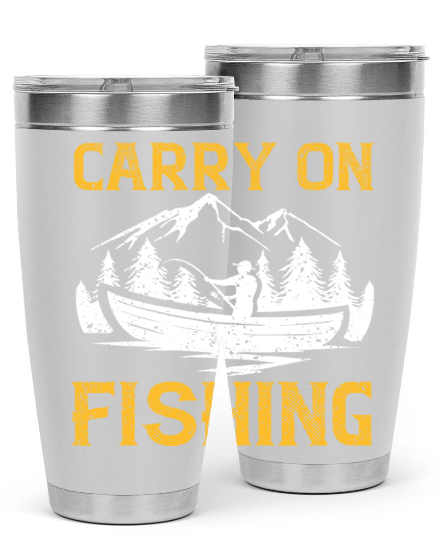 Carry On Fishing 245# Tumbler in stainless steel with a drink-thru lid, showcasing its sleek design and durable construction.
