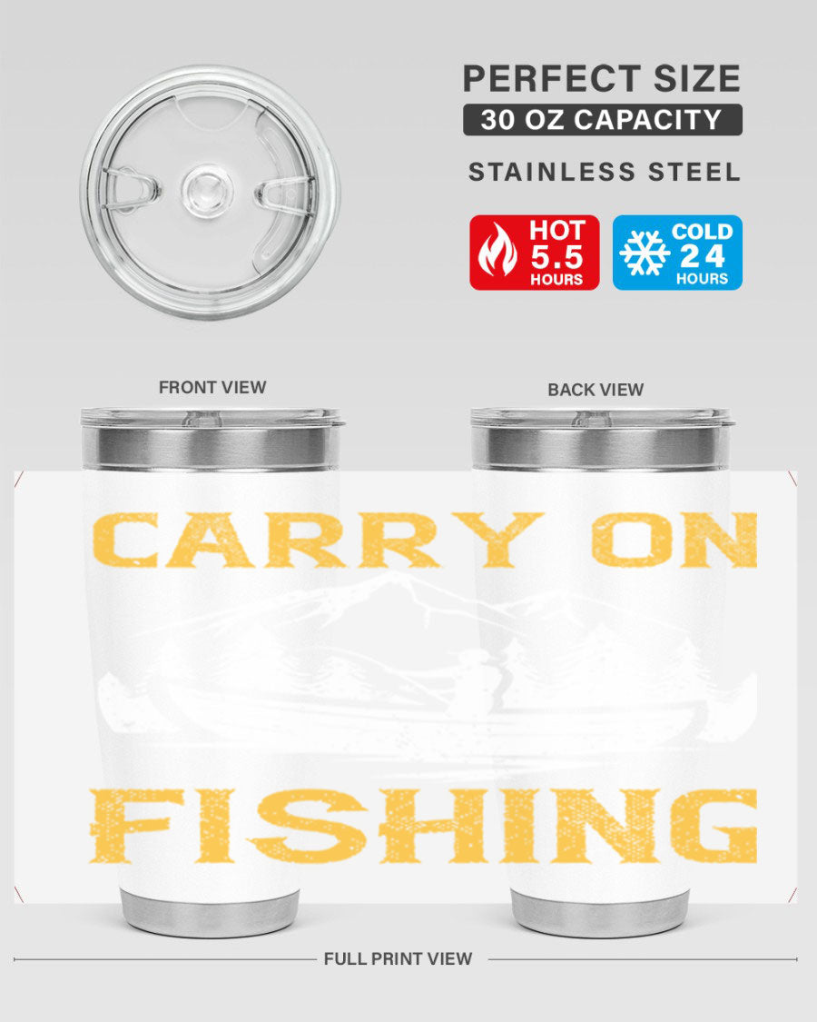Carry On Fishing 245# Tumbler in stainless steel with a drink-thru lid, showcasing its sleek design and durable construction.