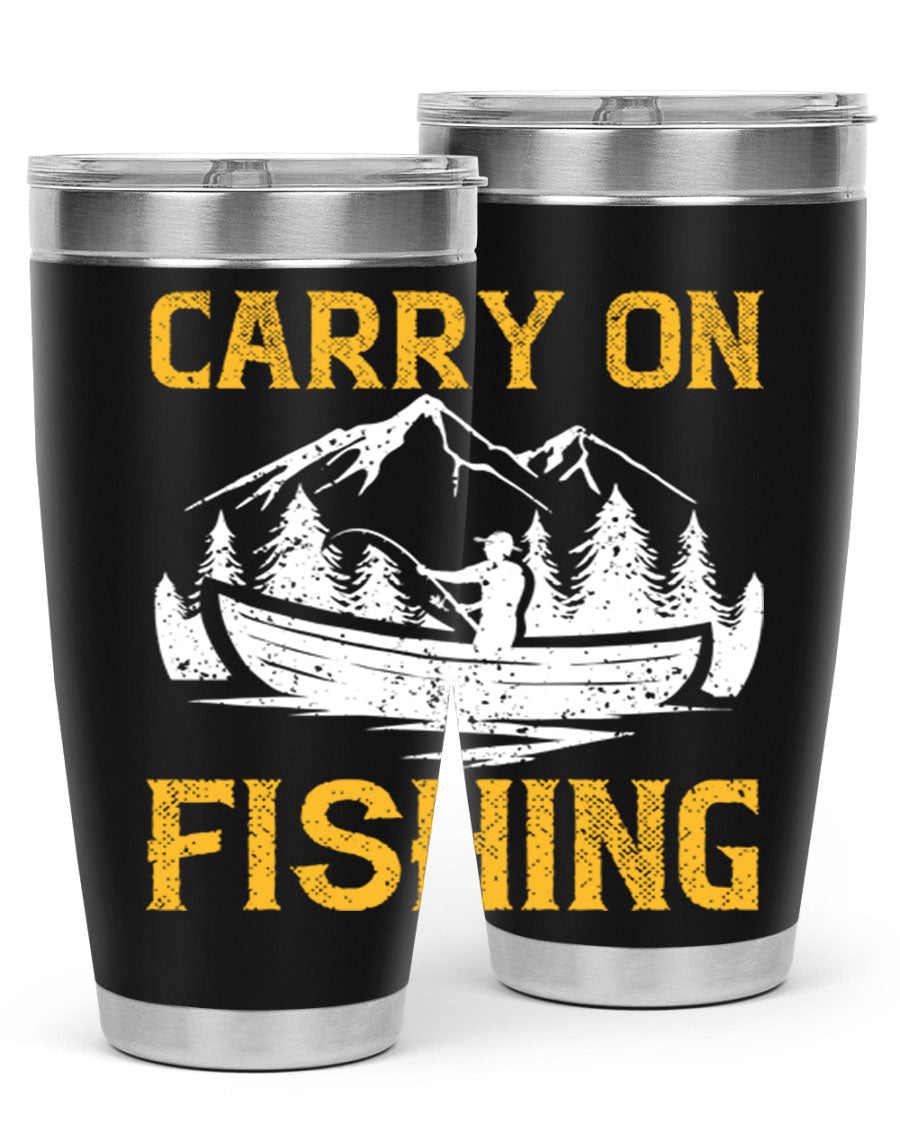 Carry On Fishing 245# Tumbler in stainless steel with a drink-thru lid, showcasing its sleek design and durable construction.
