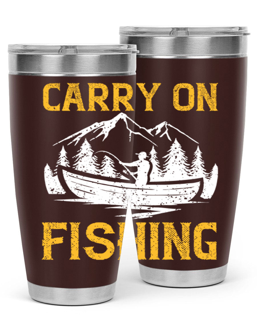 Carry On Fishing 245# Tumbler in stainless steel with a drink-thru lid, showcasing its sleek design and durable construction.
