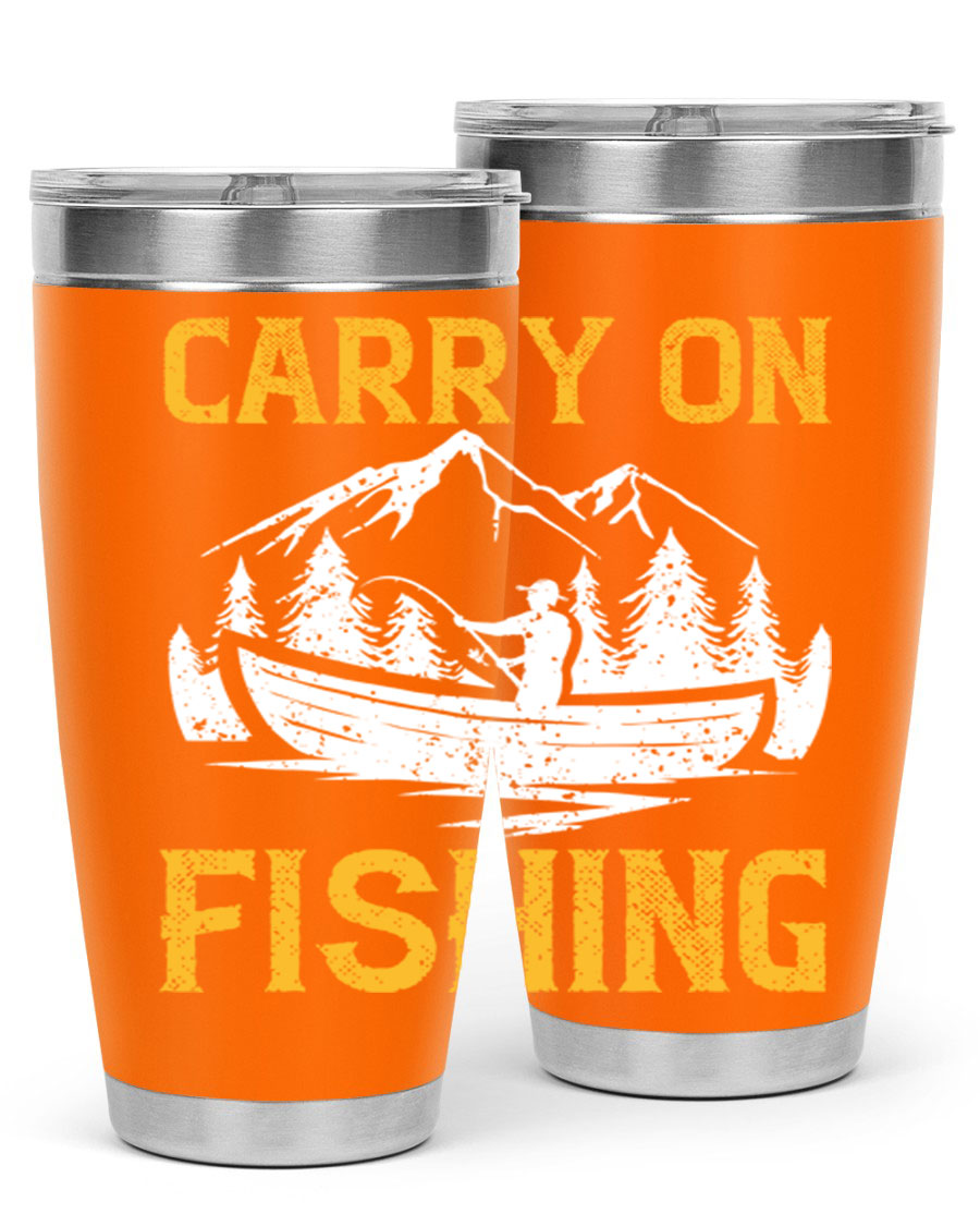 Carry On Fishing 245# Tumbler in stainless steel with a drink-thru lid, showcasing its sleek design and durable construction.