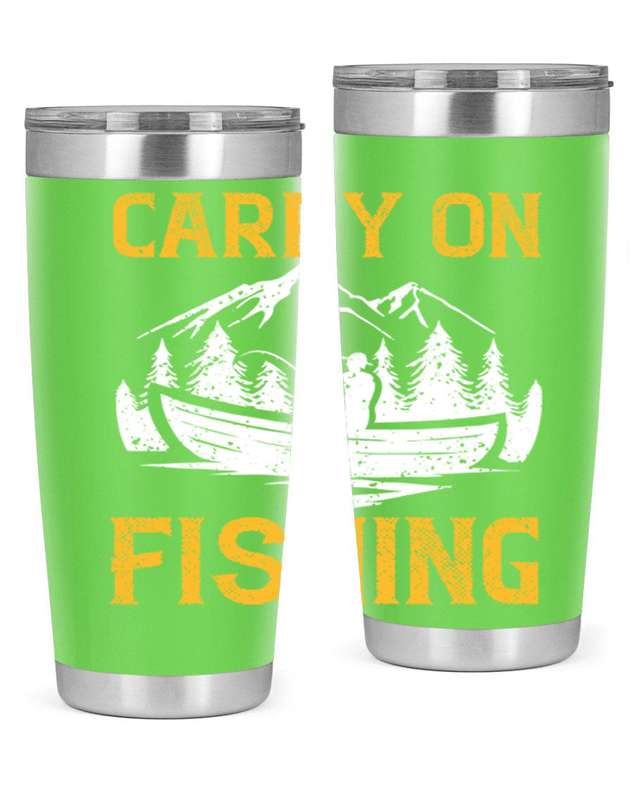 Carry On Fishing 245# Tumbler in stainless steel with a drink-thru lid, showcasing its sleek design and durable construction.