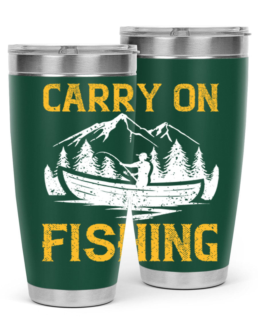 Carry On Fishing 245# Tumbler in stainless steel with a drink-thru lid, showcasing its sleek design and durable construction.
