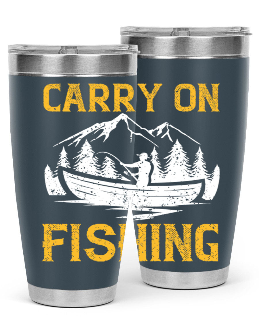 Carry On Fishing 245# Tumbler in stainless steel with a drink-thru lid, showcasing its sleek design and durable construction.