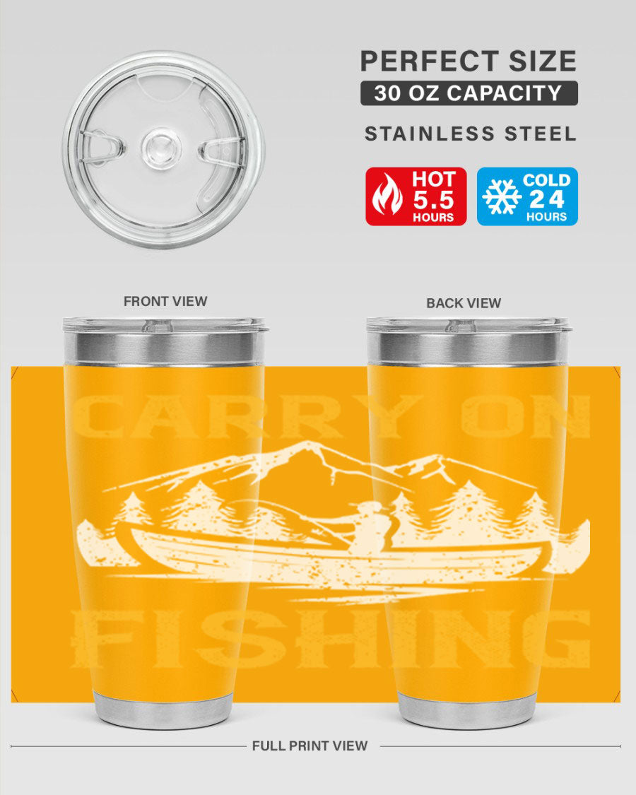 Carry On Fishing 245# Tumbler in stainless steel with a drink-thru lid, showcasing its sleek design and durable construction.
