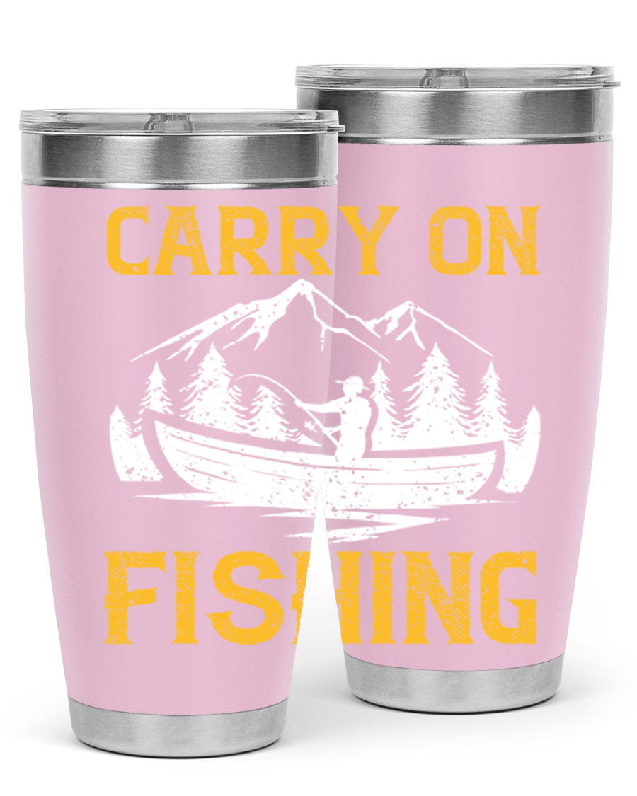 Carry On Fishing 245# Tumbler in stainless steel with a drink-thru lid, showcasing its sleek design and durable construction.