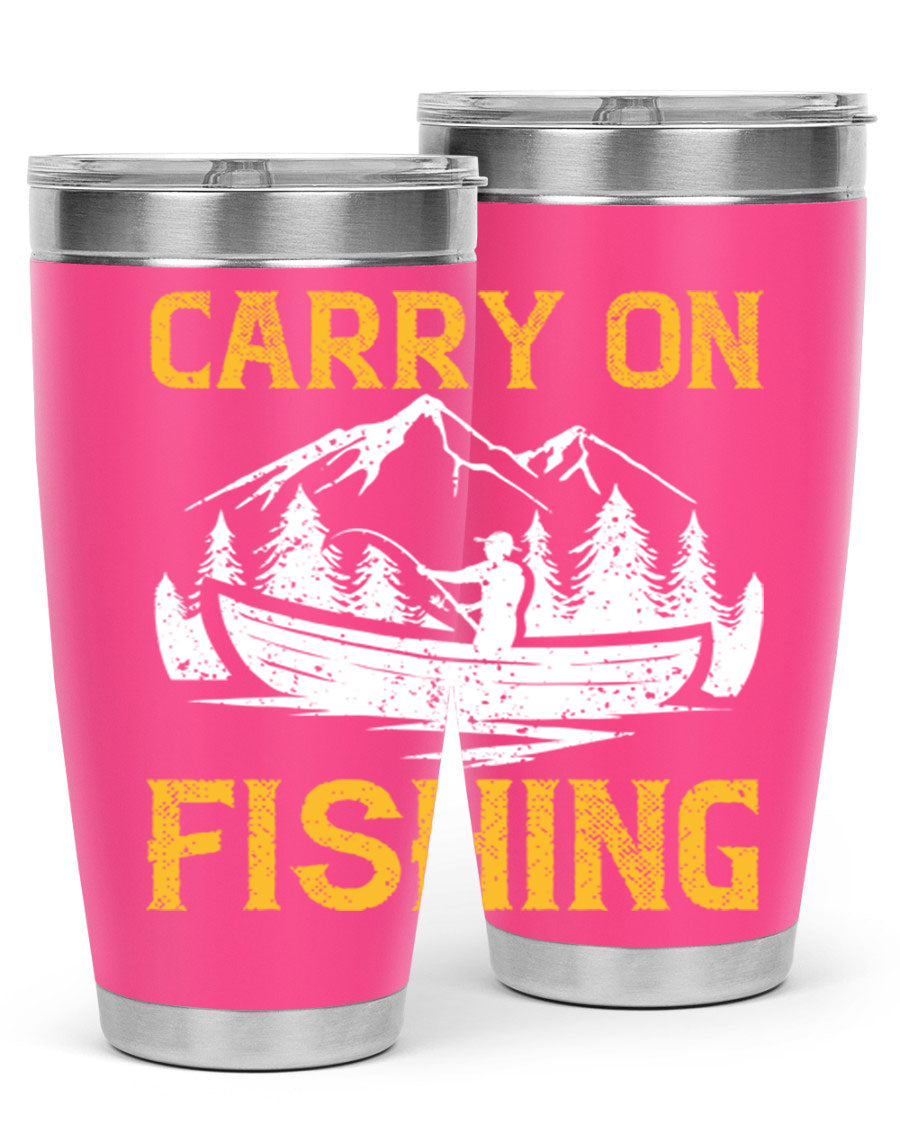 Carry On Fishing 245# Tumbler in stainless steel with a drink-thru lid, showcasing its sleek design and durable construction.