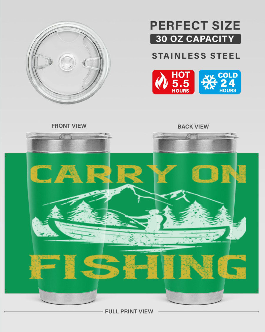 Carry On Fishing 245# Tumbler in stainless steel with a drink-thru lid, showcasing its sleek design and durable construction.