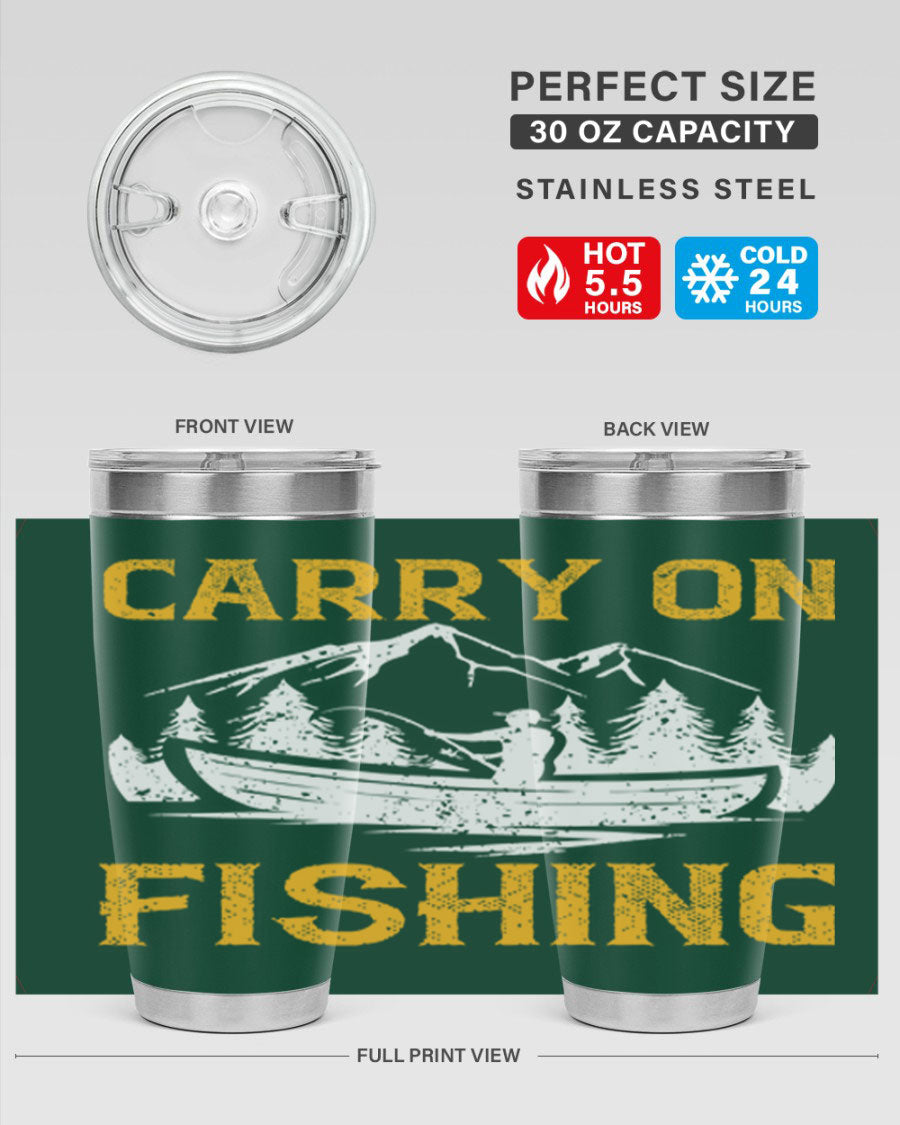 Carry On Fishing 245# Tumbler in stainless steel with a drink-thru lid, showcasing its sleek design and durable construction.