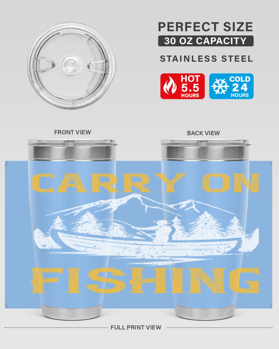 Carry On Fishing 245# Tumbler in stainless steel with a drink-thru lid, showcasing its sleek design and durable construction.