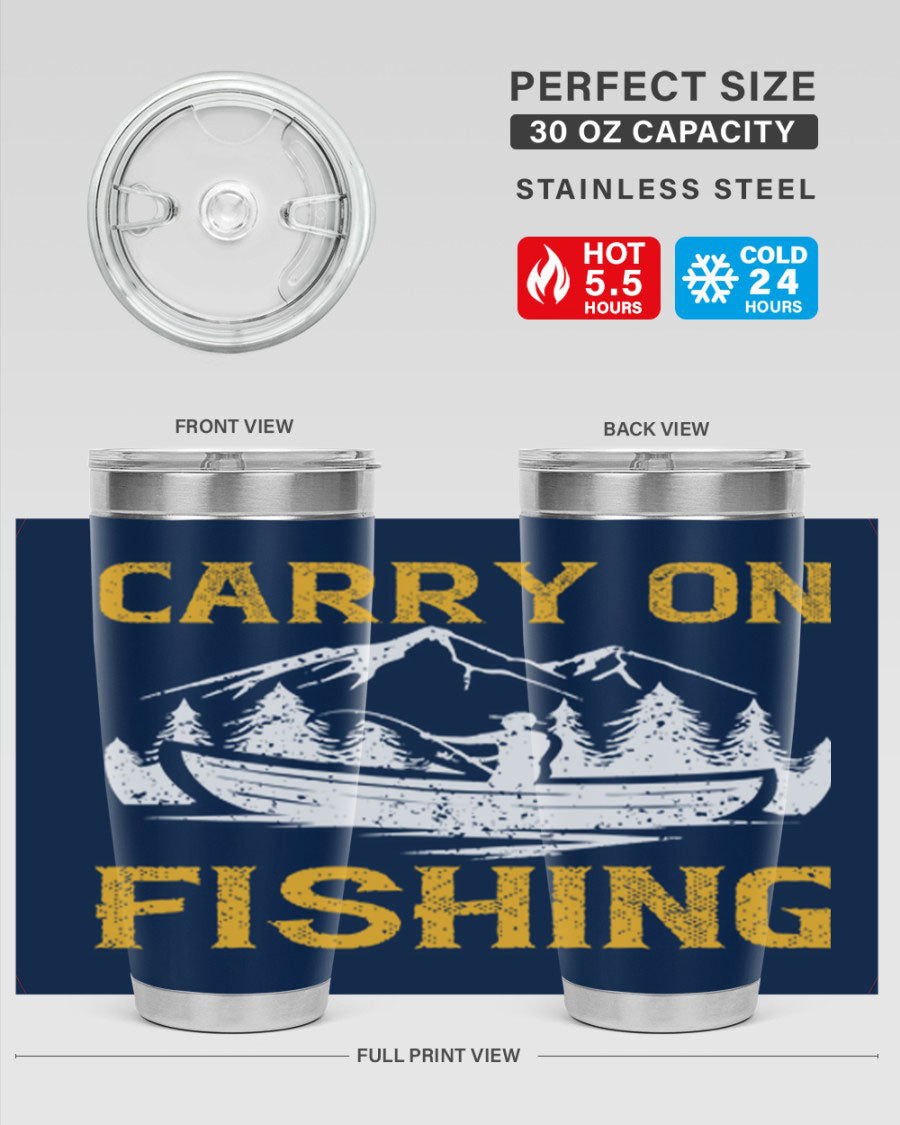 Carry On Fishing 245# Tumbler in stainless steel with a drink-thru lid, showcasing its sleek design and durable construction.