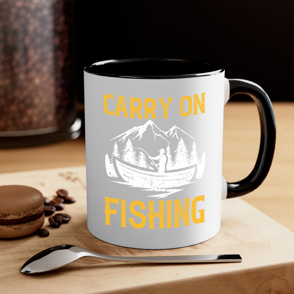 Carry On Fishing 245# Mug with colorful handle and glossy finish, perfect for coffee and tea lovers.