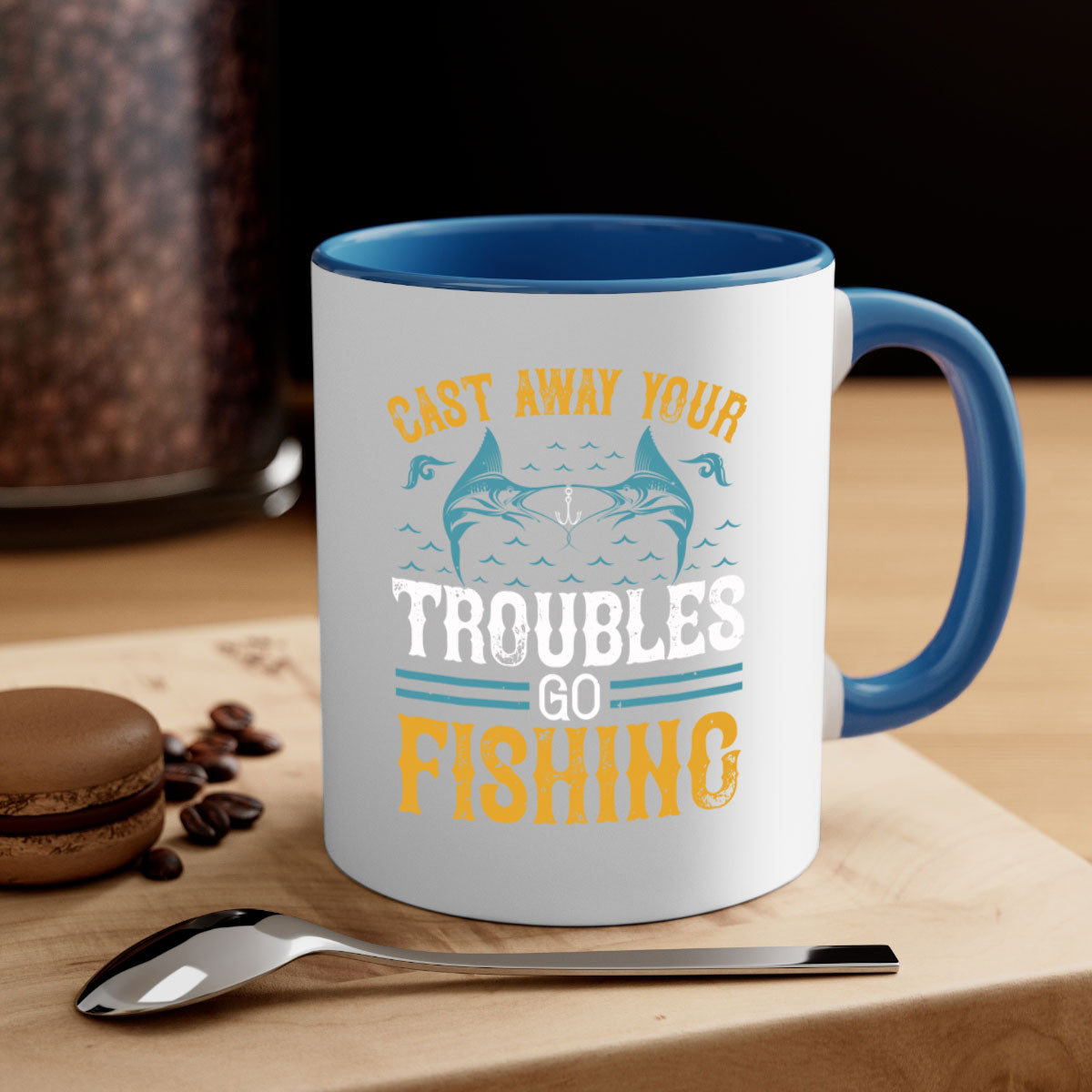 Cast Way Your Troubles Go Fishing Mug with a glossy finish and colorful handle, perfect for coffee and tea lovers.