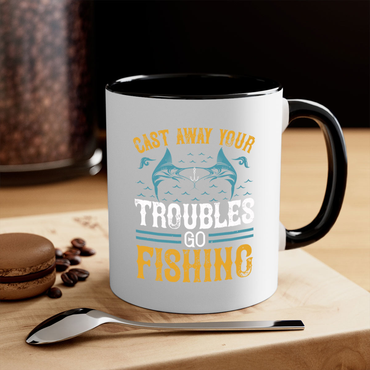 Cast Way Your Troubles Go Fishing Mug with a glossy finish and colorful handle, perfect for coffee and tea lovers.
