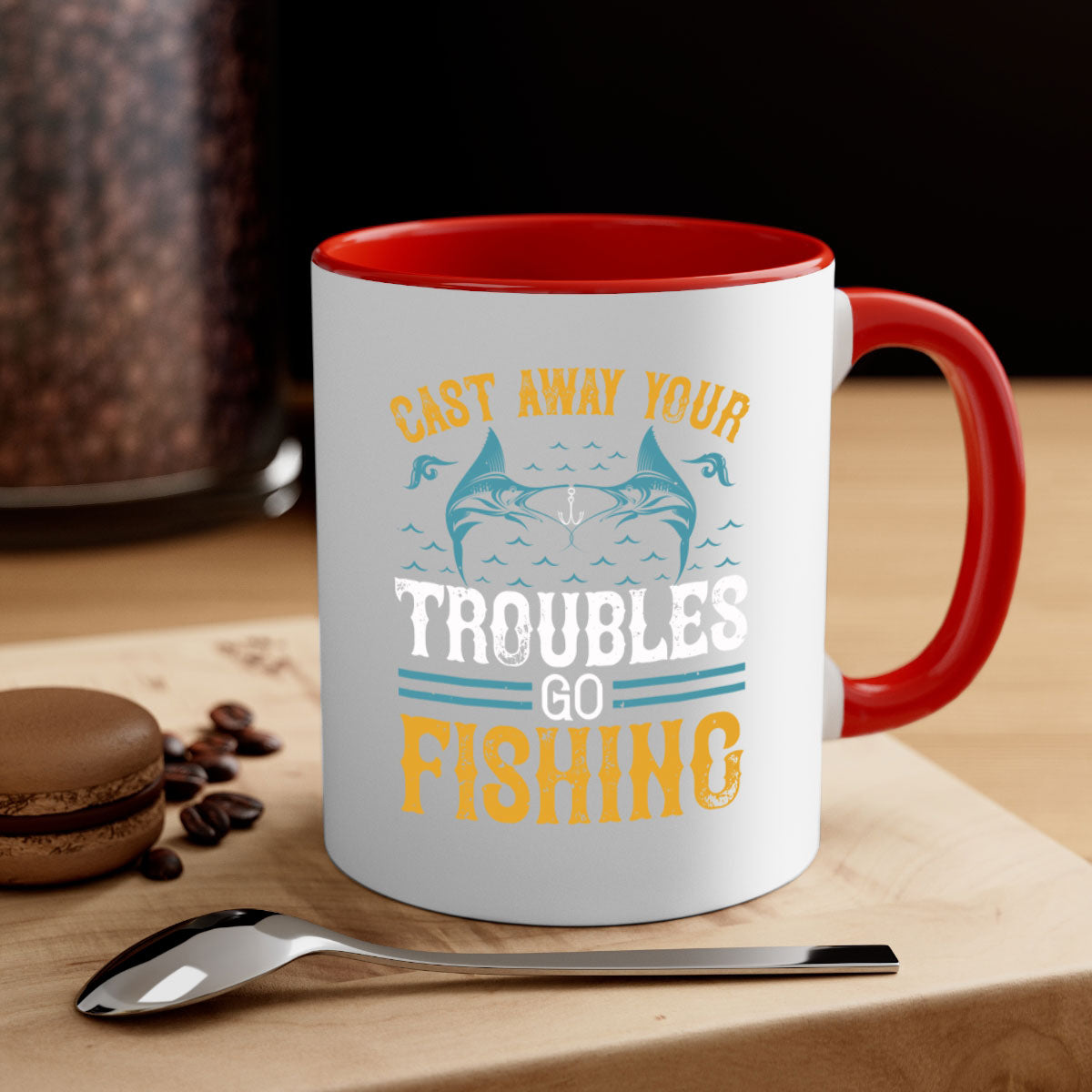 Cast Way Your Troubles Go Fishing Mug with a glossy finish and colorful handle, perfect for coffee and tea lovers.