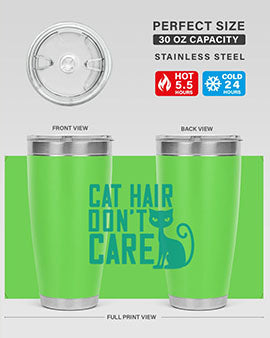 Cat Hair Don't Care tumbler in stainless steel with a fun design, perfect for hot and cold beverages.