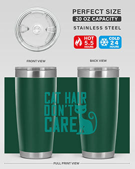 Cat Hair Don't Care tumbler in stainless steel with a fun design, perfect for hot and cold beverages.