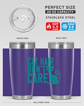 Cat Hair Don't Care tumbler in stainless steel with a fun design, perfect for hot and cold beverages.