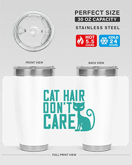 Cat Hair Don't Care tumbler in stainless steel with a fun design, perfect for hot and cold beverages.