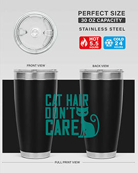 Cat Hair Don't Care tumbler in stainless steel with a fun design, perfect for hot and cold beverages.