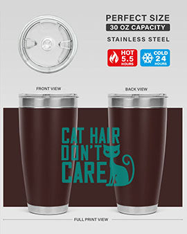 Cat Hair Don't Care tumbler in stainless steel with a fun design, perfect for hot and cold beverages.