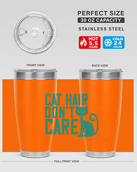 Cat Hair Don't Care tumbler in stainless steel with a fun design, perfect for hot and cold beverages.
