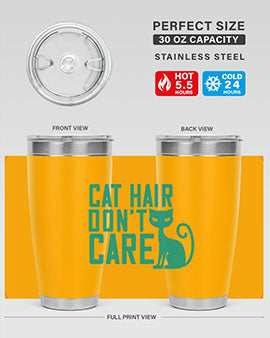 Cat Hair Don't Care tumbler in stainless steel with a fun design, perfect for hot and cold beverages.