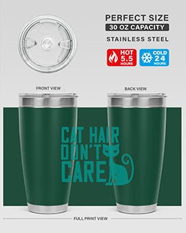 Cat Hair Don't Care tumbler in stainless steel with a fun design, perfect for hot and cold beverages.